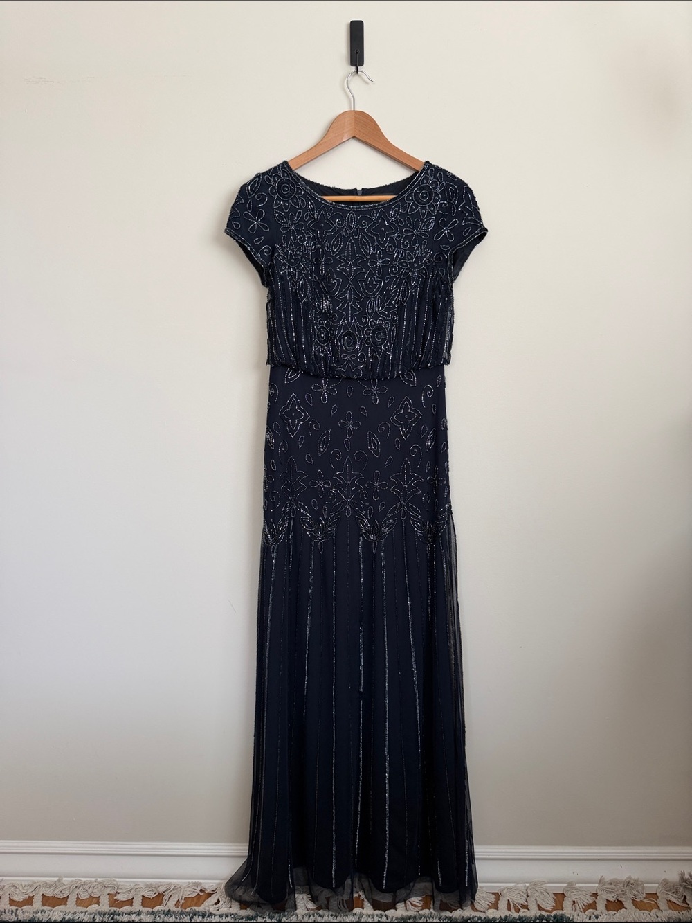 Adrianna Papell Stunning Beaded Navy Evening Gown with Cap Sleeves
